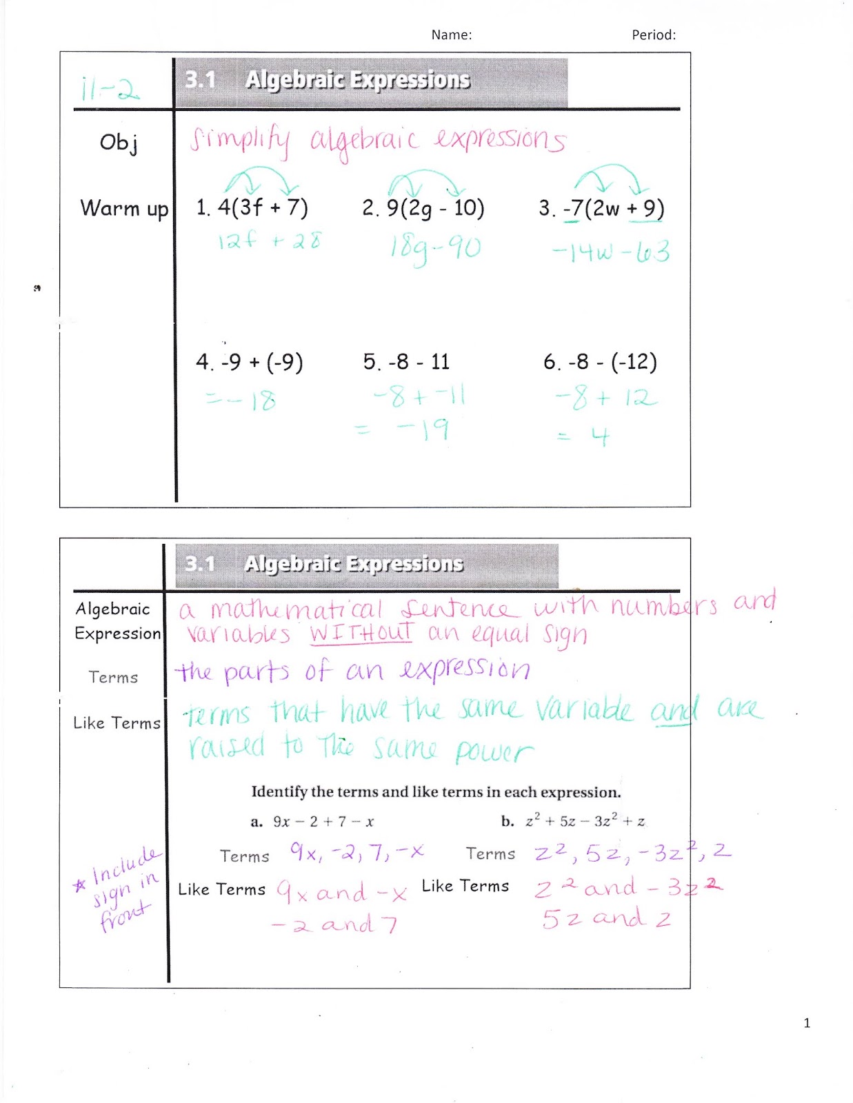Ms. Jean's Classroom Blog: 3.1 Algebraic Expressions