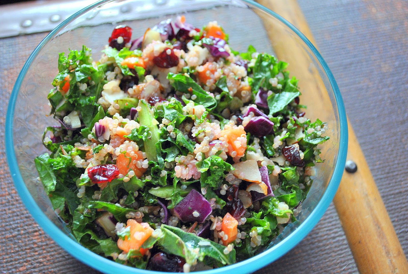 Quinoa & Kale Salad with Red Cabbage, Carrot, Cranberries & Almonds