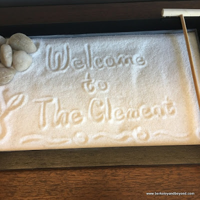 welcome mini-zen garden at The Clement Hotel in Palo Alto, California