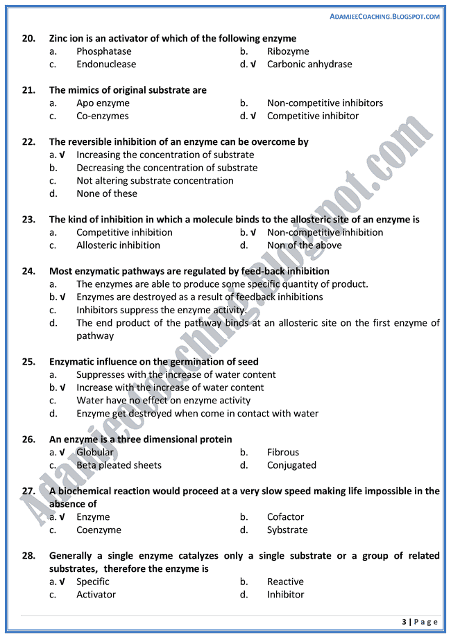 Adamjee Coaching MCAT Biology [Enzymes] Mcqs for Medical Entry Test