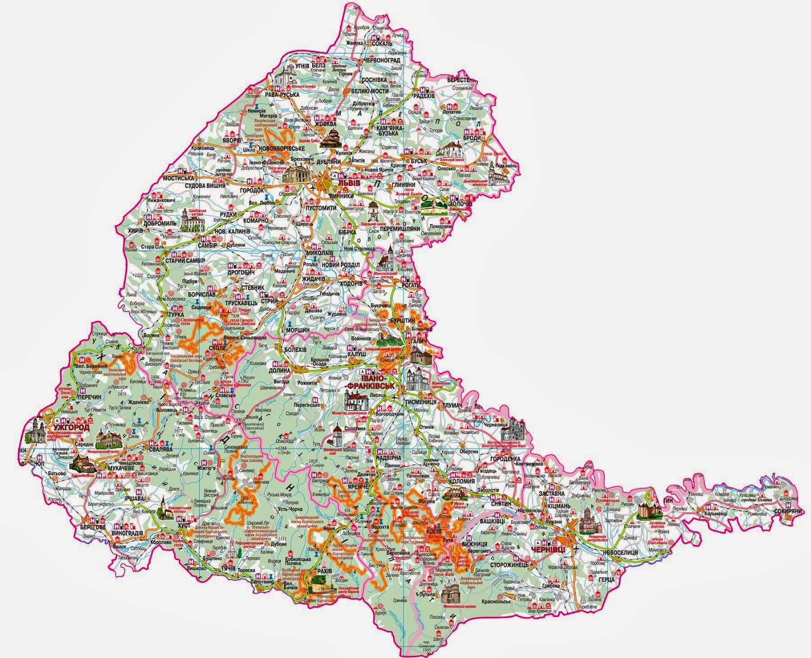 Карта львовской области с городами и селами