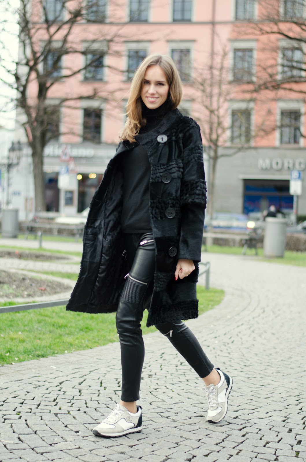 kristjaana mere textured black fur coat white sneakers turtleneck casual minimal winter outfit