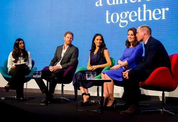 Meghan Markle wore Jason Wu Flared Belted Satin Dress. Kate Middleton wore Seraphine Royal Blue Tailored Maternity Dress. Prince Harry