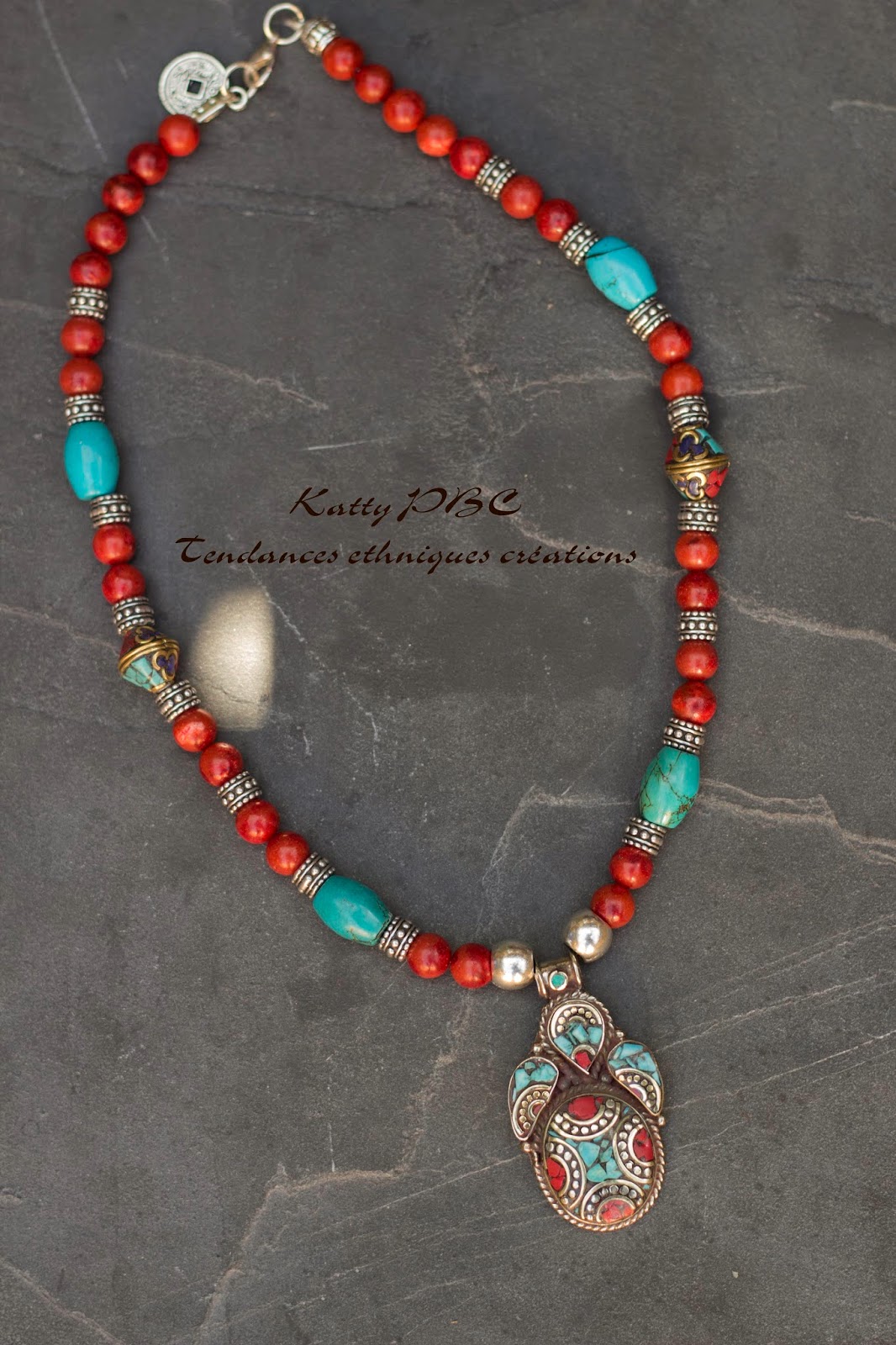Pendentif Ethnique Argent Massif Corail & Turquoise - Style Egypte - Occasion