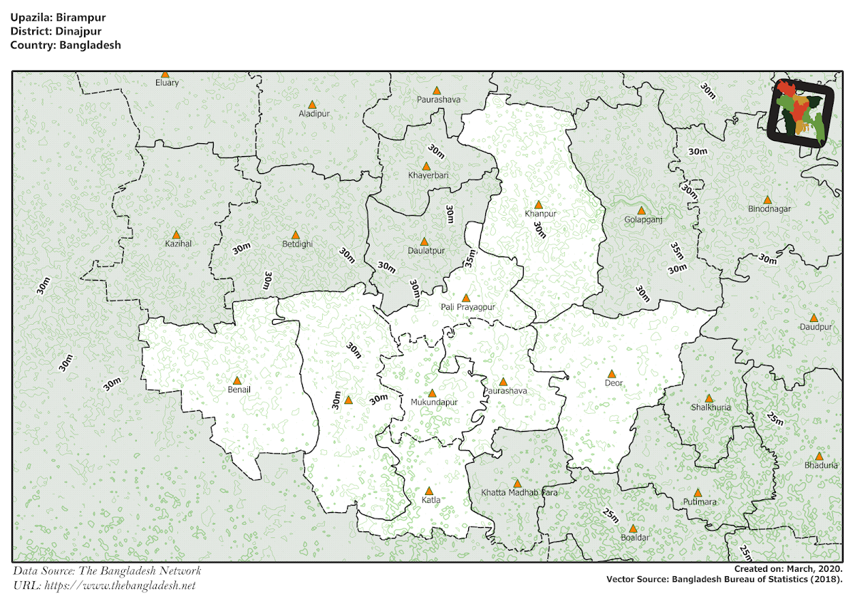 Birampur Upazila Elevation Map Dinajpur District Bangladesh
