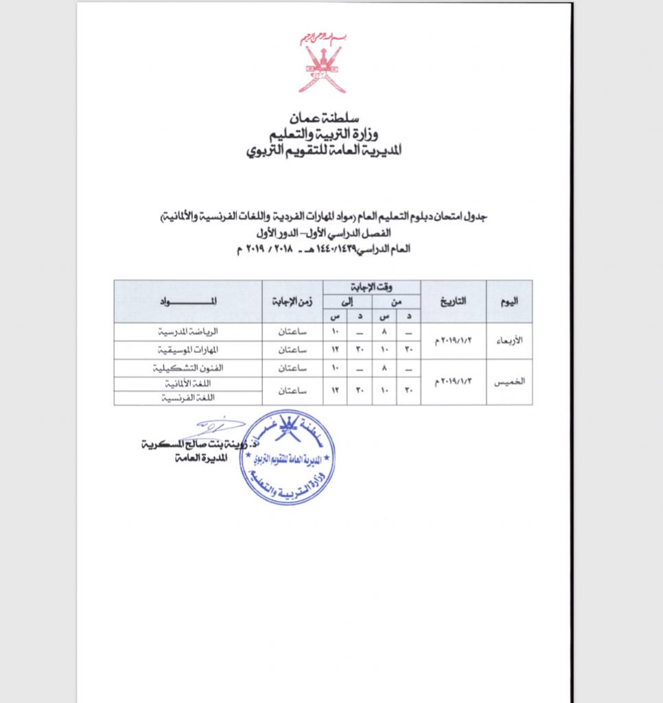 جدول امتحانات المواد المواد الفردية للصف ١٢ الفصل الاول 2018 2019