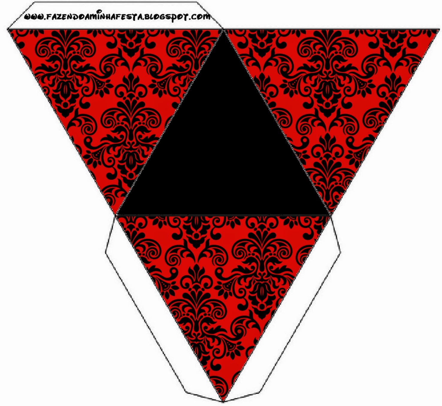 Caja con forma de pirámide de Damasco Negro en Fondo Rojo.