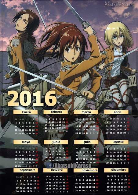 calendario 2016 shingeki no kyojin