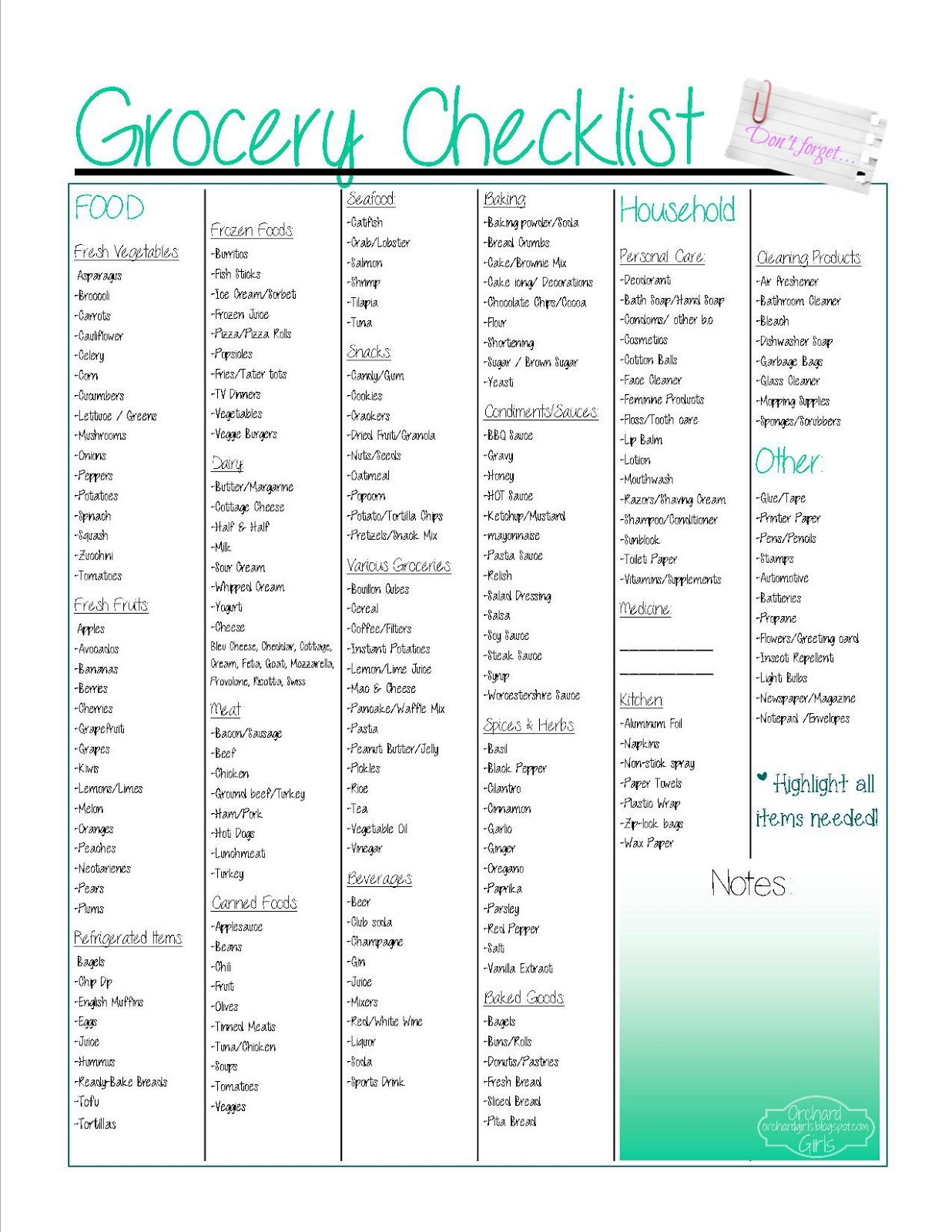Grocery Checklist Free Printable