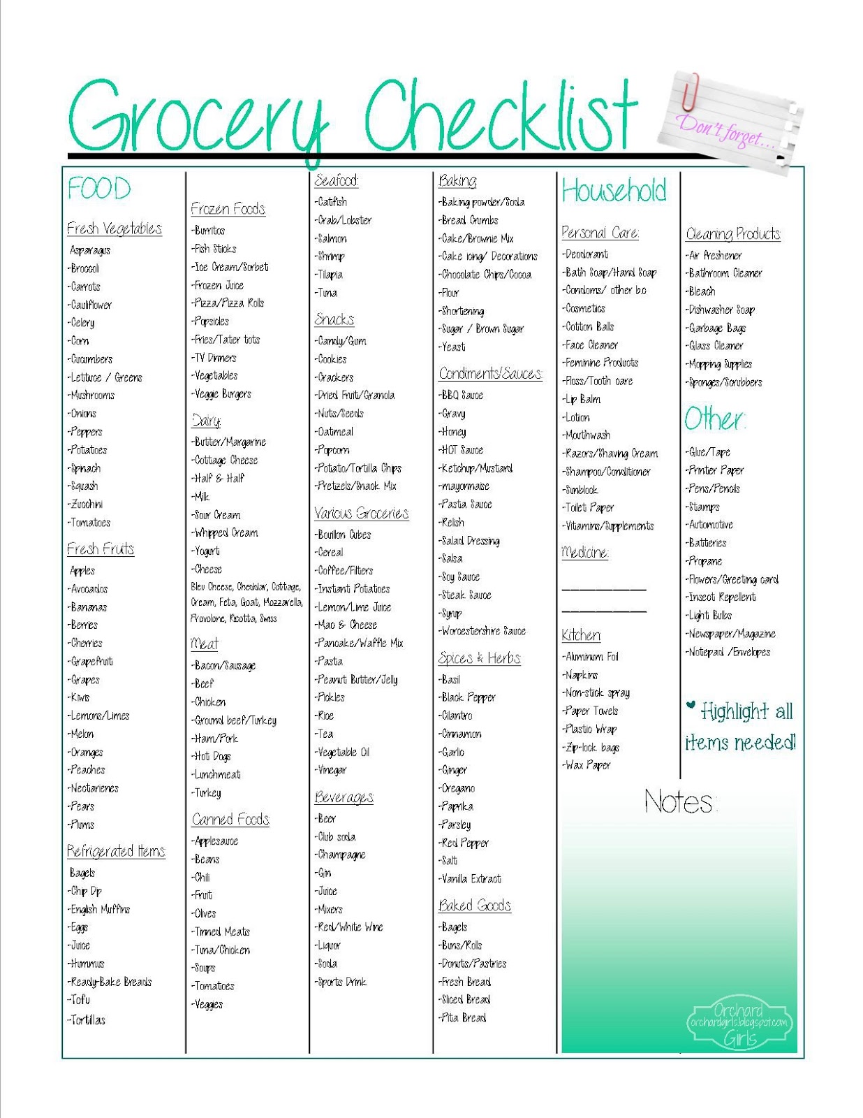 Free Printable Checklist Printable Grocery Lists