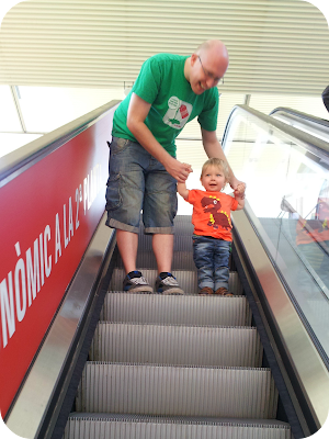 first time on an escalator, father and son moments