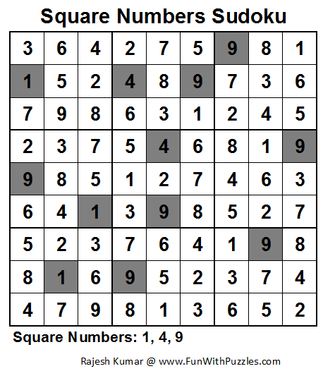 Square Numbers Sudoku (Fun With Sudoku #35) Solution