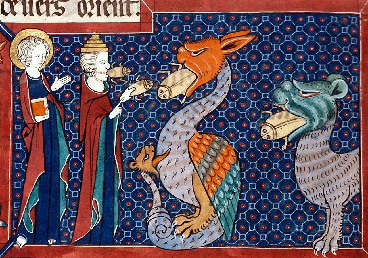 São João vê o falso profeta pregando em favor das bestas. De suas bocas saem rãs, símbolo de sua impureza e heterodoxia. ‘Welles Apocalypse’, Inglaterra, início siglo XIV, British Library. São João vê o falso profeta pregando em favor das bestas. De suas bocas saem rãs, símbolo de sua impureza e heterodoxia. ‘Welles Apocalypse’, Inglaterra, início siglo XIV, British Library.