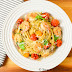 Shrimp Pasta In Walnut Basil Pesto With Roasted Tomatoes