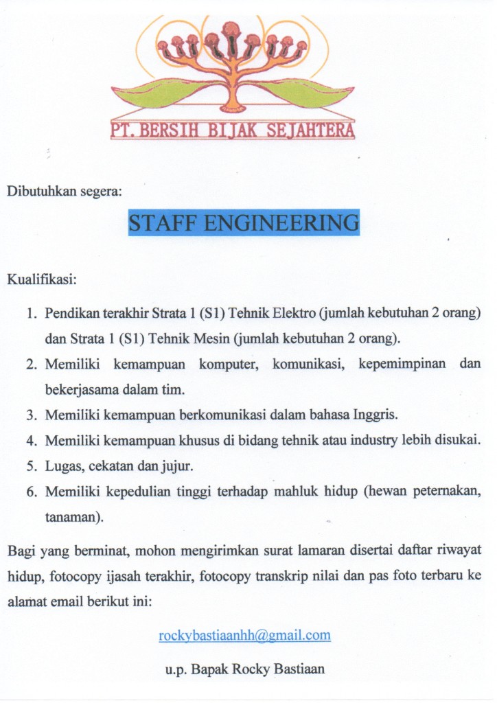 Lowongan Kerja Staff Engineering Pendidikan Minimal S1