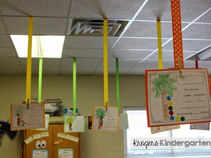 Worksheets hanging from ceiling in classroom