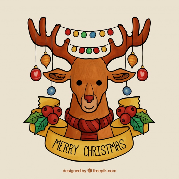 Hand drawn merry christmas with reindeer and string lights Free Vector