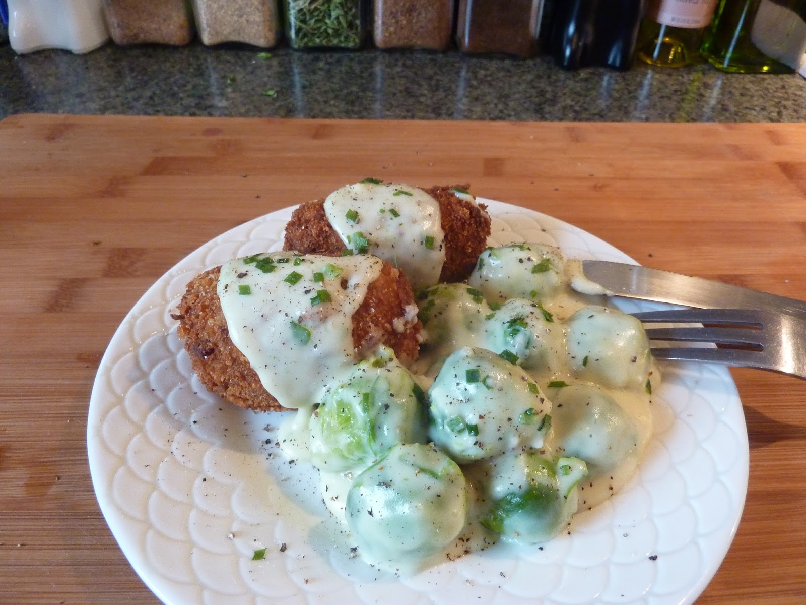 IT'S MAGGALICIOUS! CHICKEN CROQUETTES WITH CREAMED BRUSSELS SPROUTS