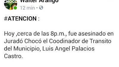 Asesinan al coordinador de tránsito y transporte del municipio de Juradó