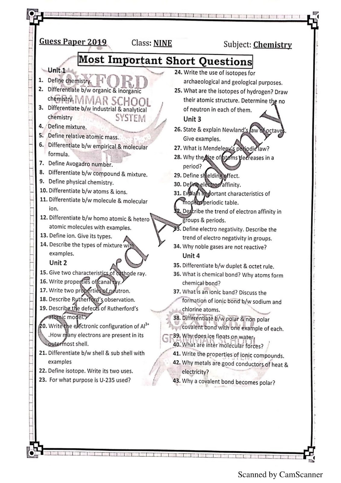 9th Class Chemistry Guess Paper 2019 Sadaqat Academy