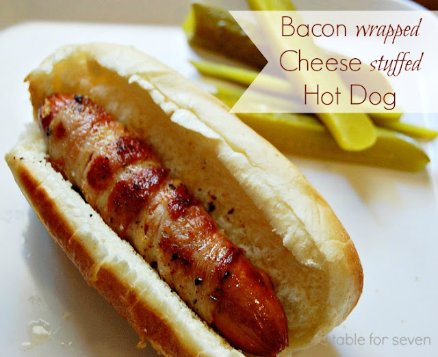 bacon wrapped cheese stuffed hot dog