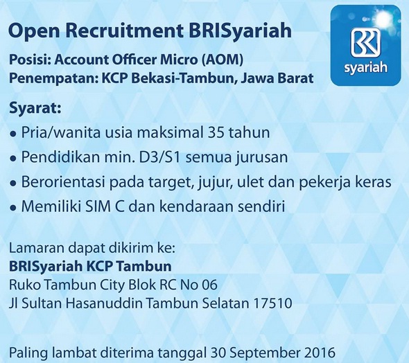 Open Recruitment AOM Bank BRISyariah Open Recruitment AOM Bank BRISyariah