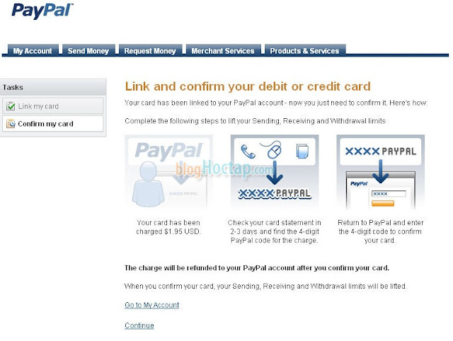 Verify tài khoản Paypal bằng thẻ VISA bước 2