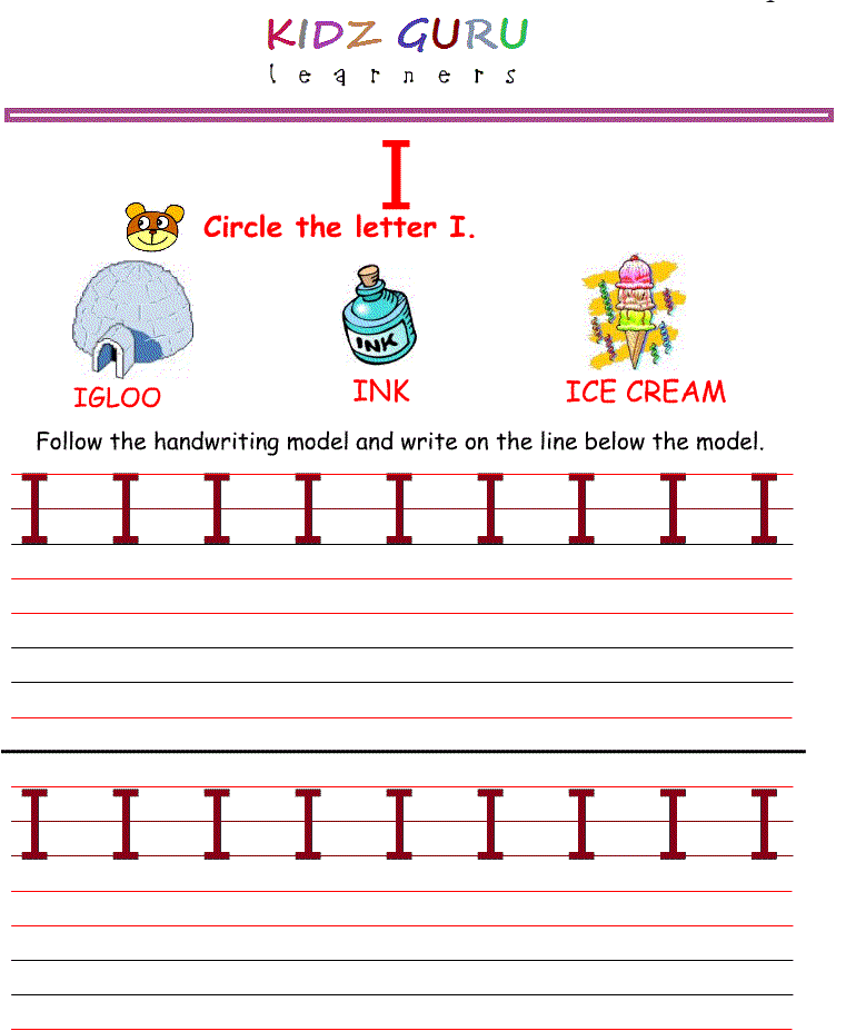Kindergarten Worksheets: Printable Handwriting Worksheets...... Alphabet I