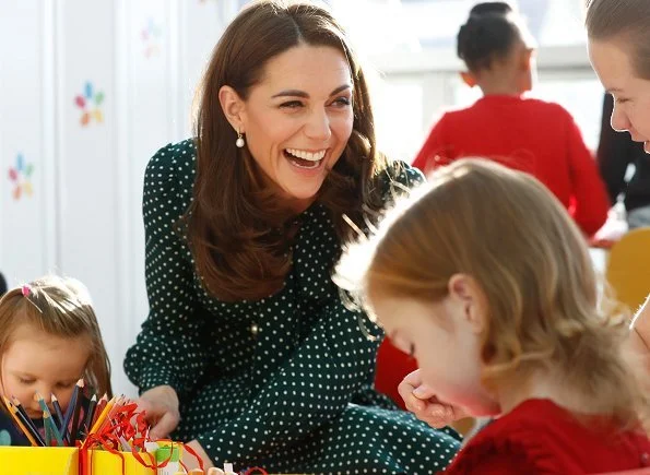 Kate Middleton wore LK Bennett Mortimer Dotted Silk Dress and carried L.K. Bennett Dora Khaki suede clutch