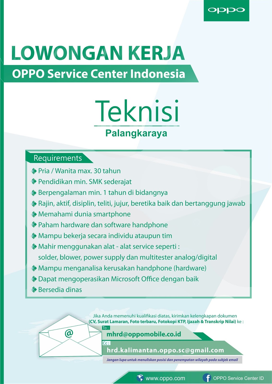 Lowongan Kerja Teknisi Oppo Service Center Palangka Raya
