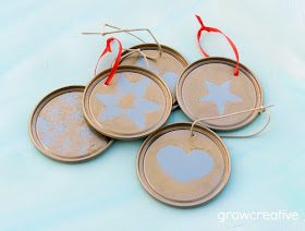 Recycled Christmas Craft- make ornaments from juice lids, paper, and spray paint: Grow Creative