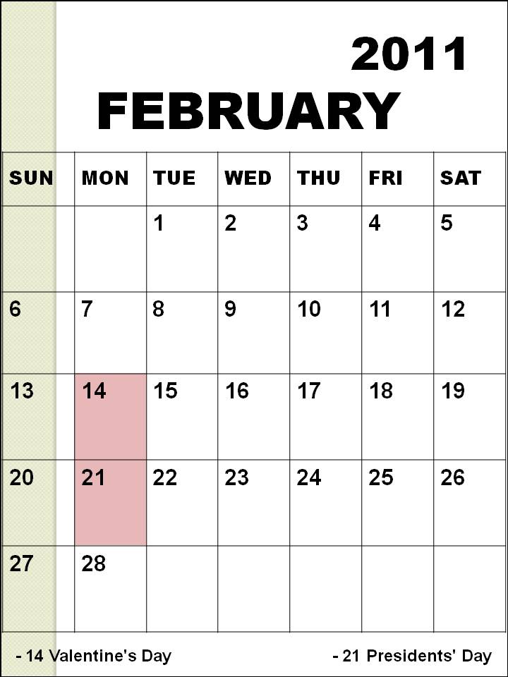 Holidays in February, 2011: February 2011 Calendar. The month of February