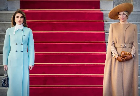 Queen Maxima wore Claes Iversen Serval Elegant Lace Midi Dress Tobacco Brown and Claes Iversen cape coat, Queen Raina wore Claes Iversen coat