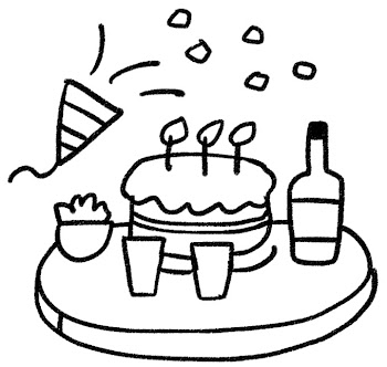 パーティのイラスト「ケーキとワインとクラッカー」 白黒線画