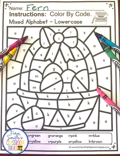 Your students will adore these Easter Color By Code worksheets while learning and reviewing the uppercase and lowercase alphabet at the same time! You will love the no prep, print and go ease of these printables. As always, answer keys are included. TEN Color By Code Easter Mixed Alphabet Uppercase and Lowercase for Kindergarten, a Color By Code Printables for some Easter and Spring Fun in your Classroom! Ten adorable matching Easter Color Your Answers worksheets and ten ANSWER KEYS for Easter. Perfect for your Kindergarten class during Spring for your countdown to the end of the year! Terrific for review and rti small groups. Color By Code Easter Mixed Alphabet Uppercase and Lowercase for Kindergarten Worksheets. #FernSmithsClassroomIdeas