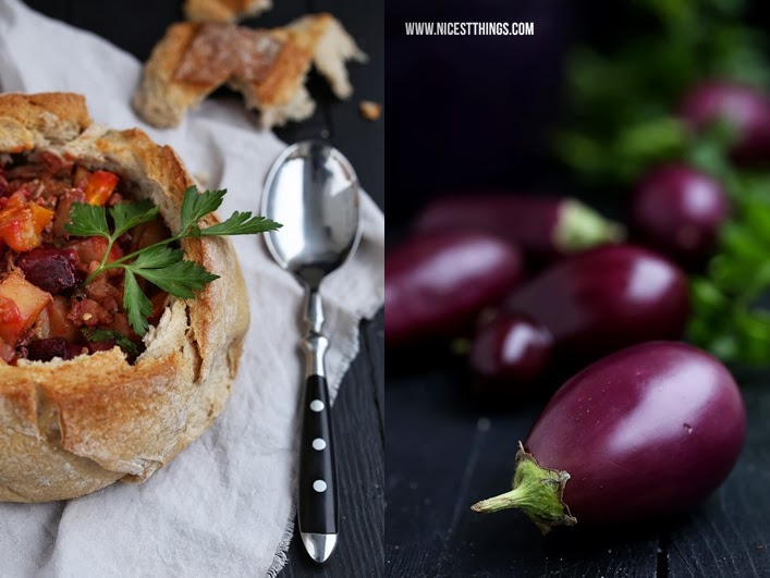 Eintopf im Brot Gemüseeintopf mit Auberginen