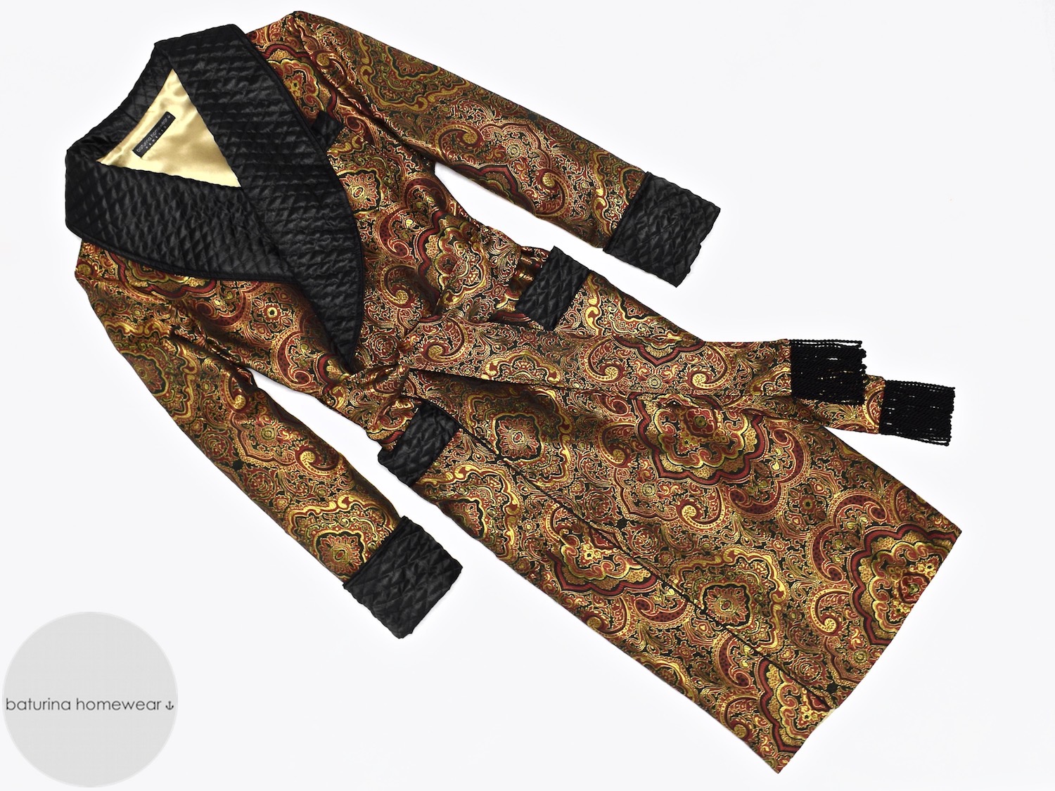 Men's Paisley Dressing Gown Luxury Robe Gold Blue Quilted