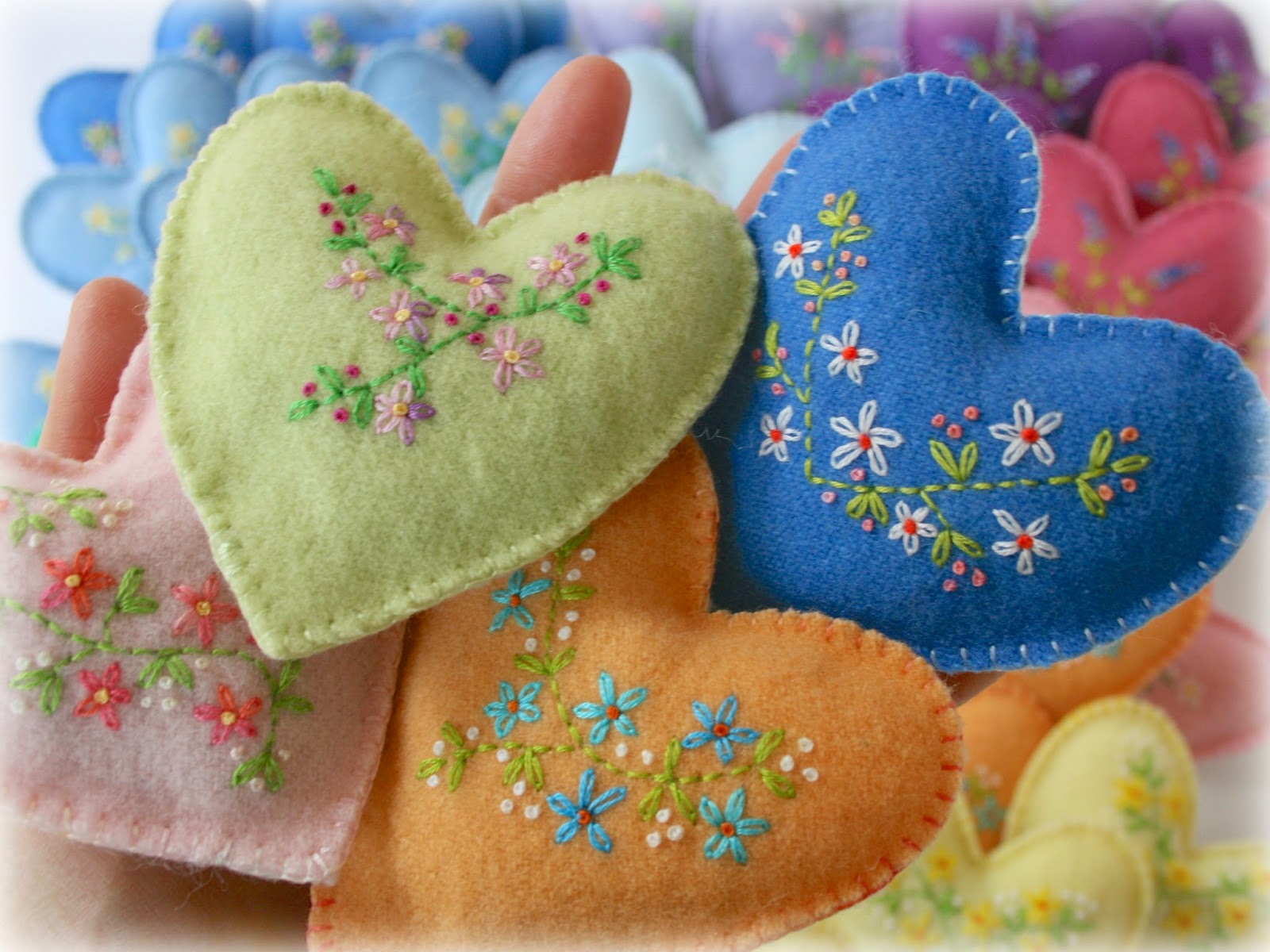 Finished Embroidered Lavender Hearts