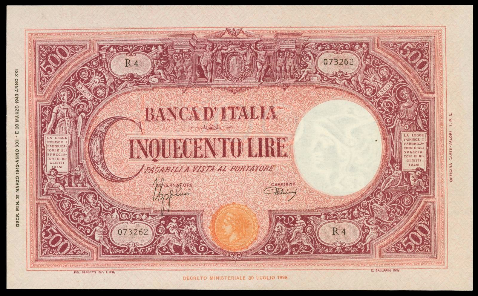 Italy 500 Lire banknote 1943