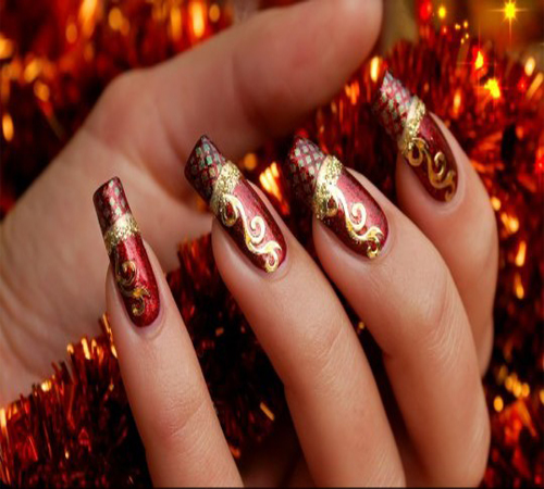 Maroon Nail Art with Golden Flowers