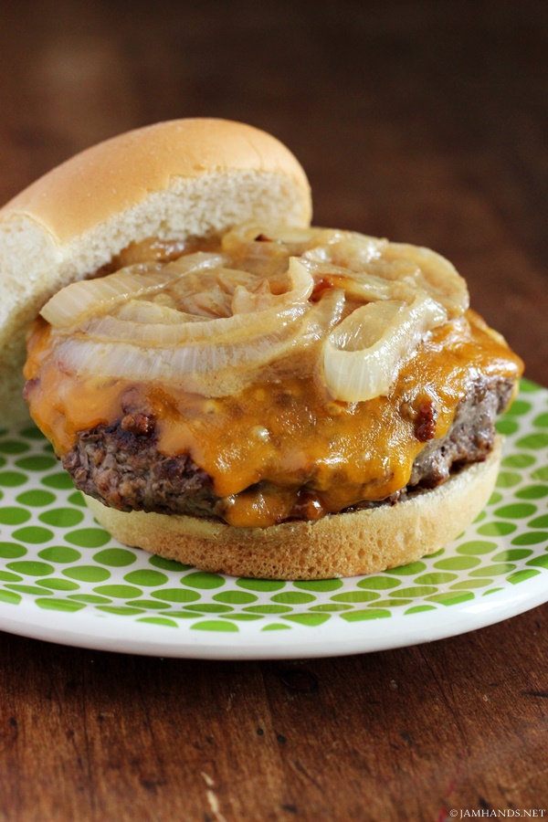 Cheddar Beer Burgers with Caramelized Dijon Onions
