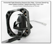 Horizontal Flash Mounting Bracket - Double Wide, Rigid Umbrella Riser, Chimera Speedring, Axial Rotation Bracket Spigot Mounting (front view, no flash units attached)