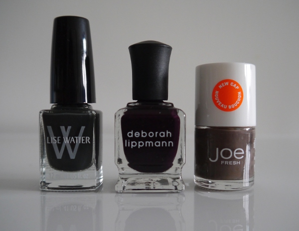 Creamy, dark nail polishes for Autumn/Winter 2013. Joe Fresh 'Pebble', Lise Watier 'Chic Tartan', Deborah Lippmann 'Dark Side of the Moon', Joe Fresh 'Pebble'