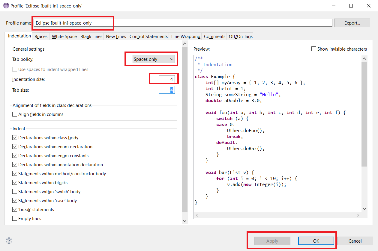 How use Spaces instead of Tabs in Eclipse Java editor? Example