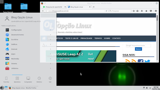 Área de Trabalho do openSUSE Leap 42.2 com desktop KDE Plasma 5.8 LTS
