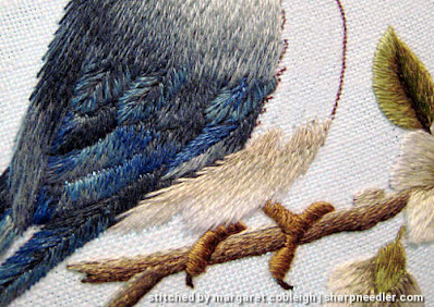 Trish Burr Bluebird: Embroidered bluebird body in progress (in needlepainting)