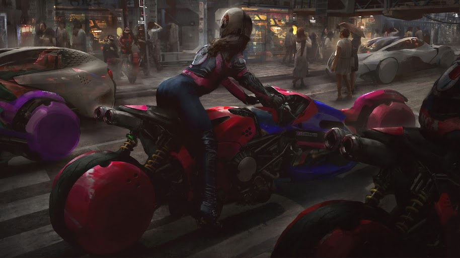 Cyberpunk, Biker, Motorcycle, Sci-Fi, 4K, #126
