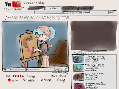 drawing of a standard youtube page from 2007, title of the main video is 'My Brother makes me do a speed paint', the video shows a charater with pink and blue hair painting a canvas