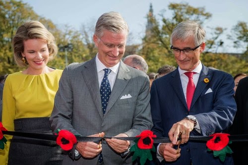Queen Mathilde, King Philippe and Flemish Minister-President Geert Bourgeois (N-VA) during the inauguration of the replica of the pontoon bridge across the Schelde river, in Antwerp,