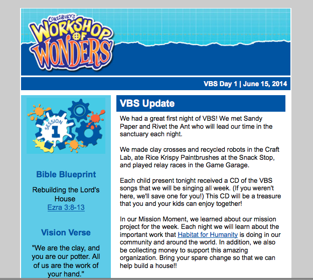 Dancing Commas :: Workshop of Wonders VBS :: Summary of night sent to parents by email